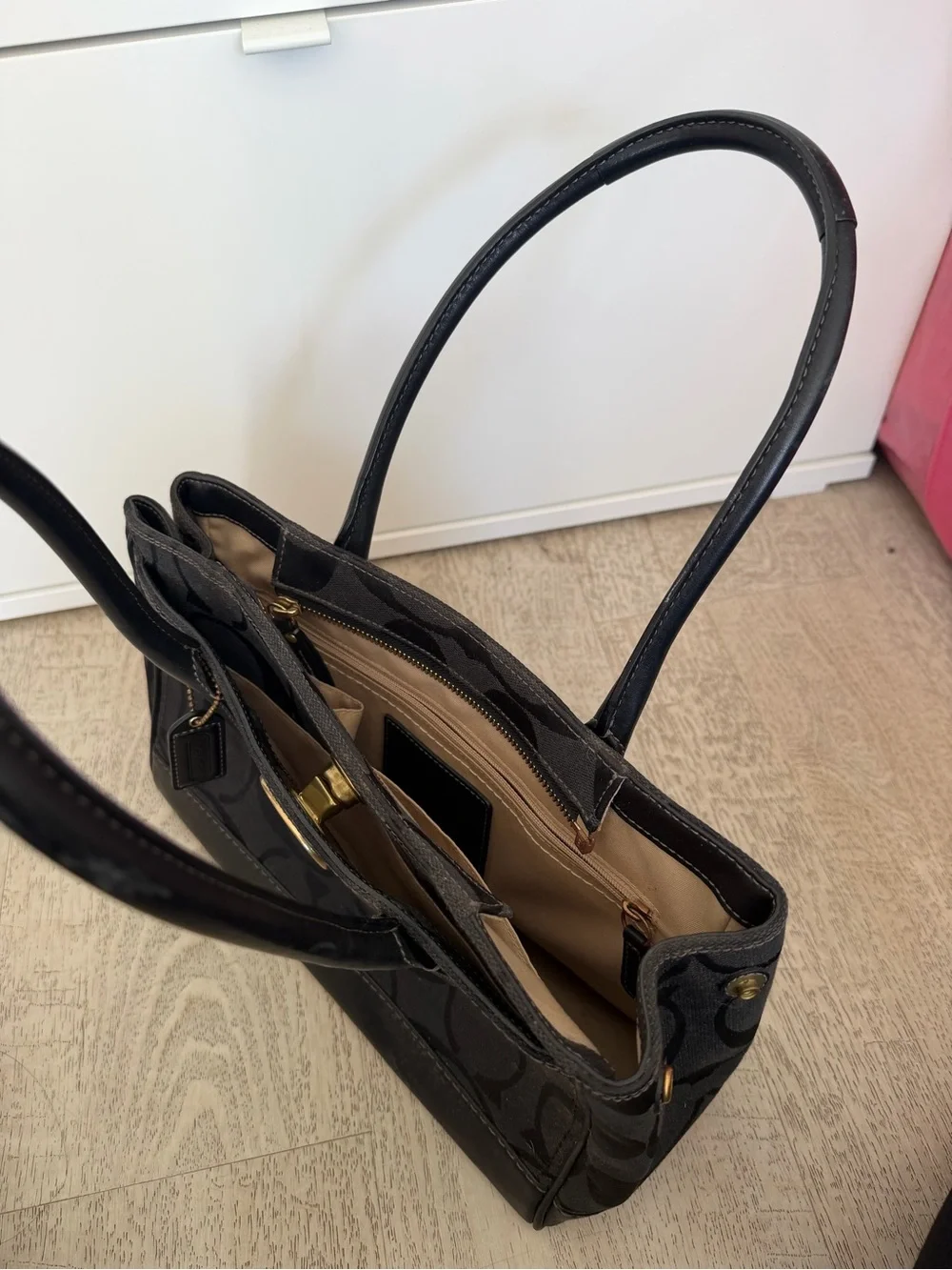 Coach Black Signature Canvas Tote with Turnlock